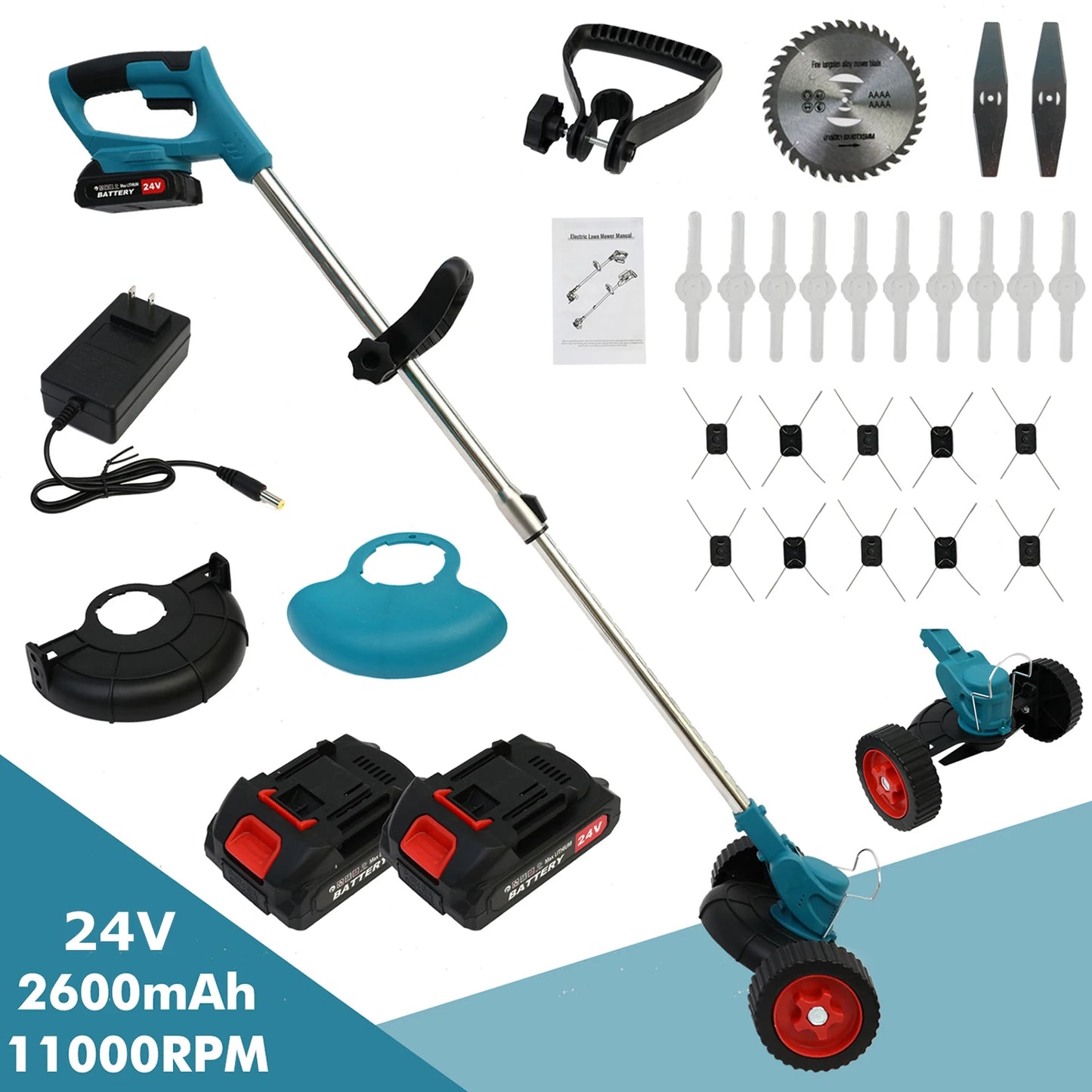 Grass Trimmer Cordless Weed 3-in-1 21V Portable Electric Brush Cutter 2 Batteries & Charger 2600mAh for Garden Yard Weed