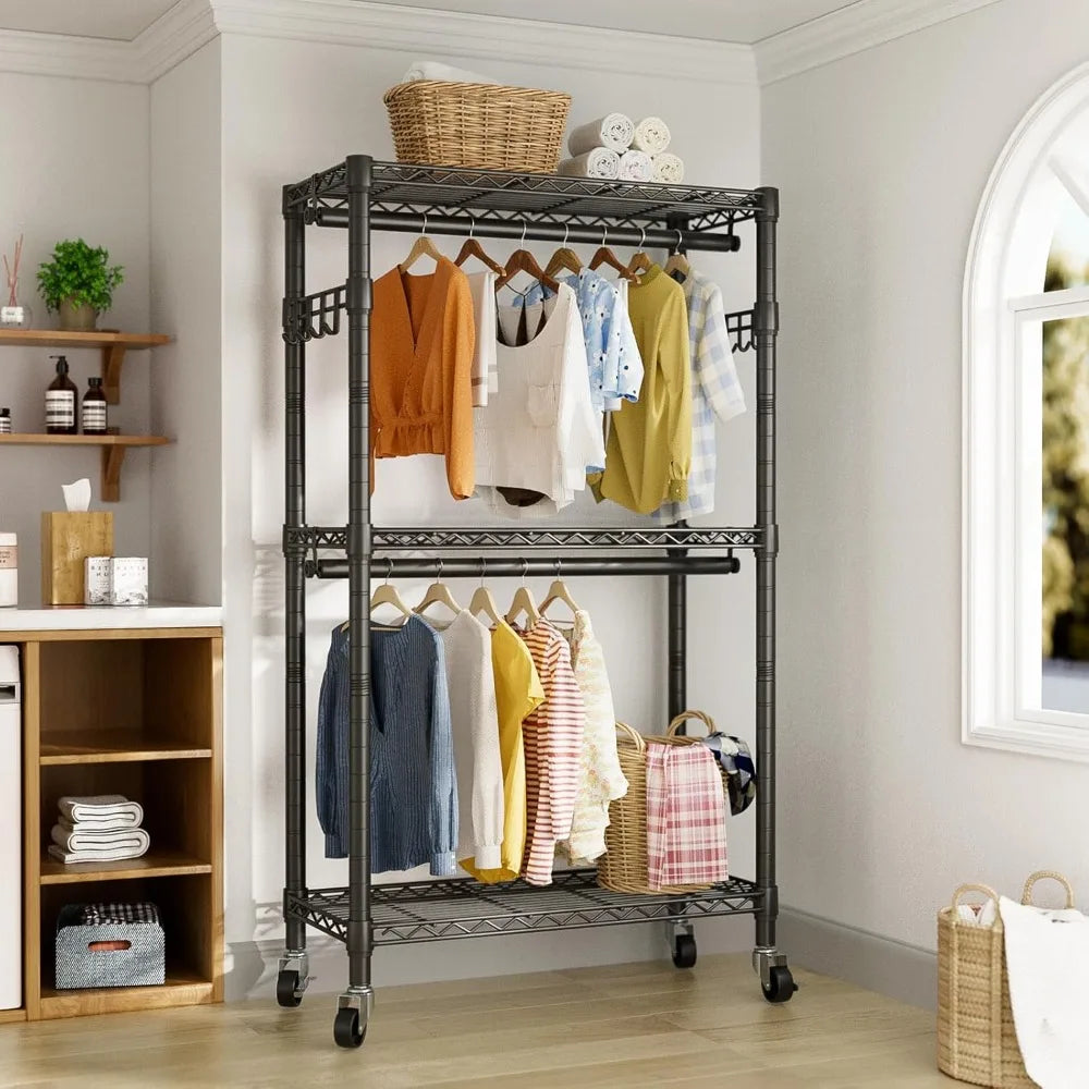 Heavy Duty Rolling Garment Rack With 3 Adjustable Shelves