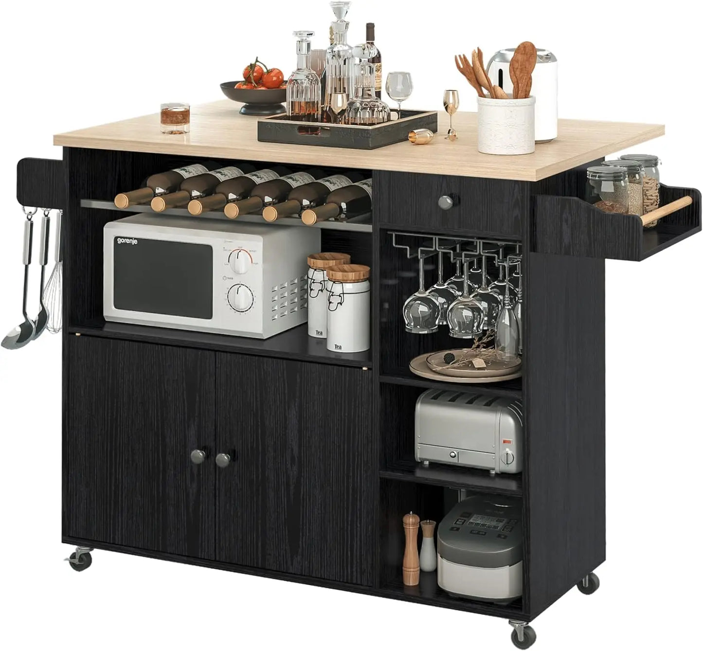 Ironck Rolling Kitchen Island Cart With Drop Leaf Wine Rack
