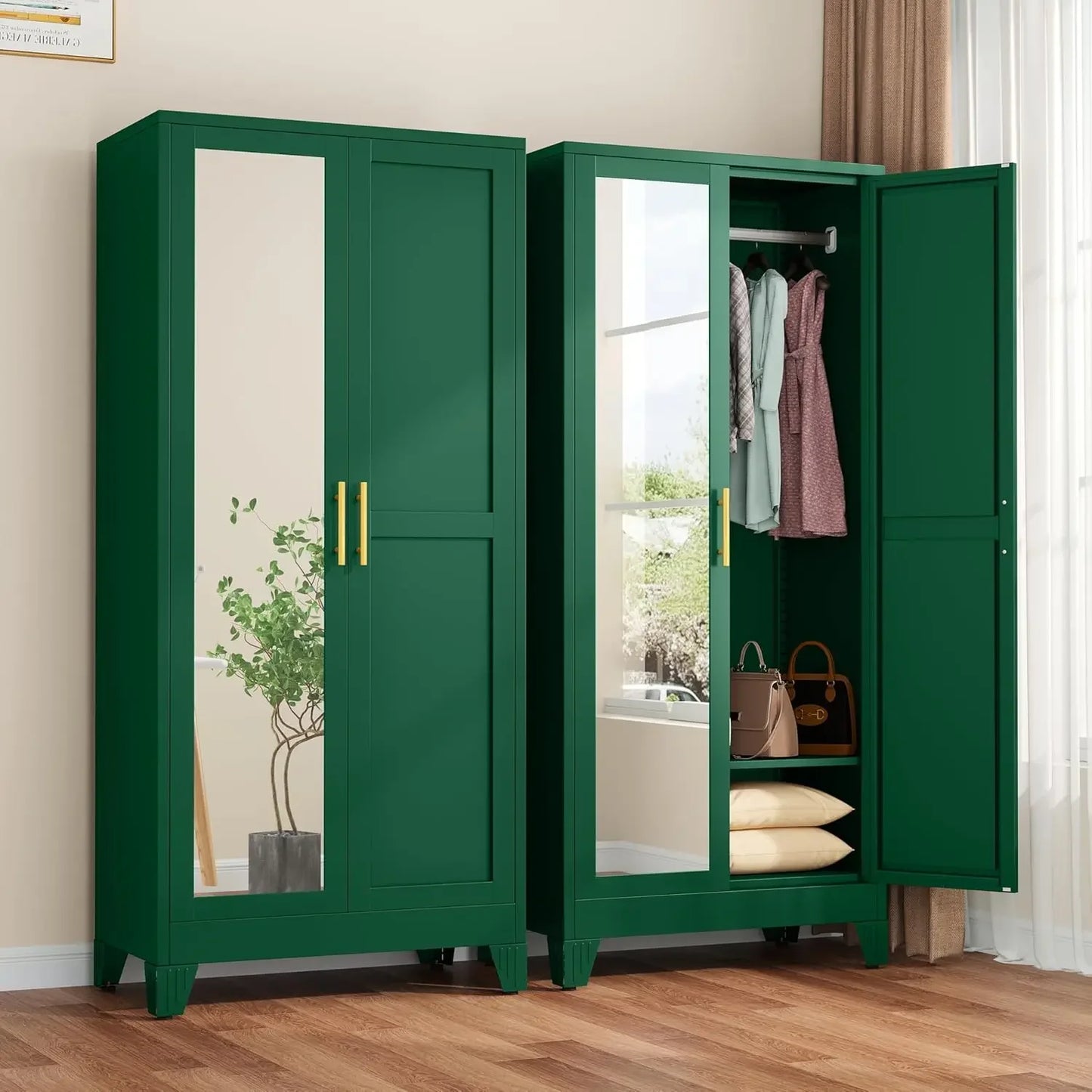 71 Inch Metal Armoire Wardrobe Closet with 2 Mirror Doors Adjustable Shelves And Hanging Wardrobe Cabinet for Bedroom Storage