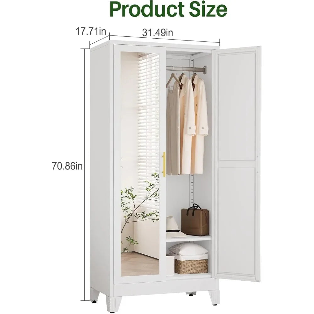 71 Inch Metal Armoire Wardrobe Closet with 2 Mirror Doors Adjustable Shelves And Hanging Wardrobe Cabinet for Bedroom Storage