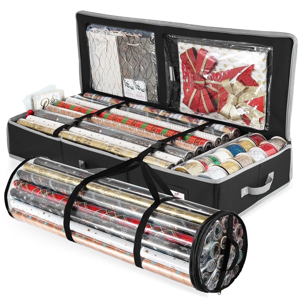 Durable Christmas Wrapping Paper Storage Organizer with Clear Pockets and Zippered Closure Holiday Accessories and Gift Wrap