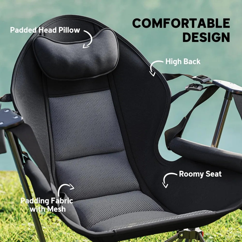 Double Hammock Camping Chair, Adjustable Back Folding Rocking Chair Swinging Hammock Chair with Cup Holder, Headrest and Padded