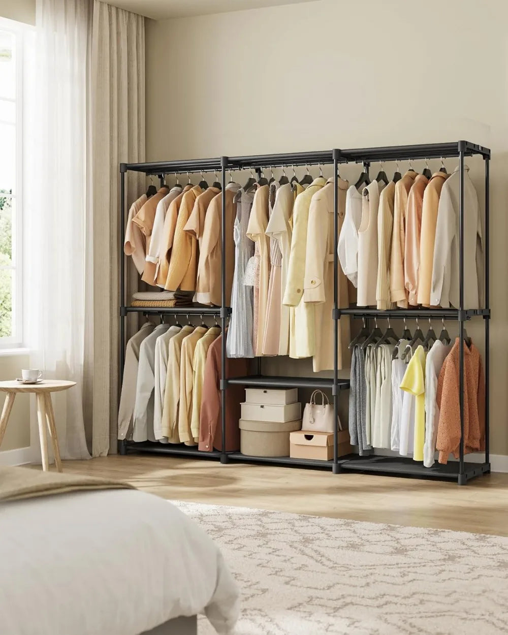 Portable Closet Organizer with Shelves and Hanging Rods, Freestanding Storage for Bedroom, 80.7 x 17.1 x 65.4 Inches, Black