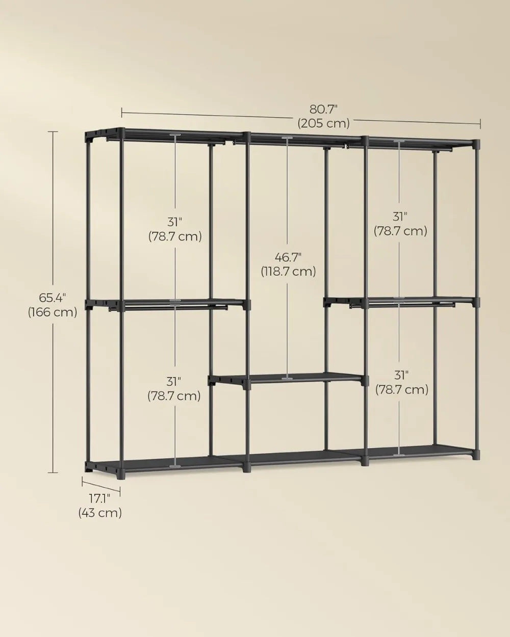 Portable Closet Organizer with Shelves and Hanging Rods, Freestanding Storage for Bedroom, 80.7 x 17.1 x 65.4 Inches, Black
