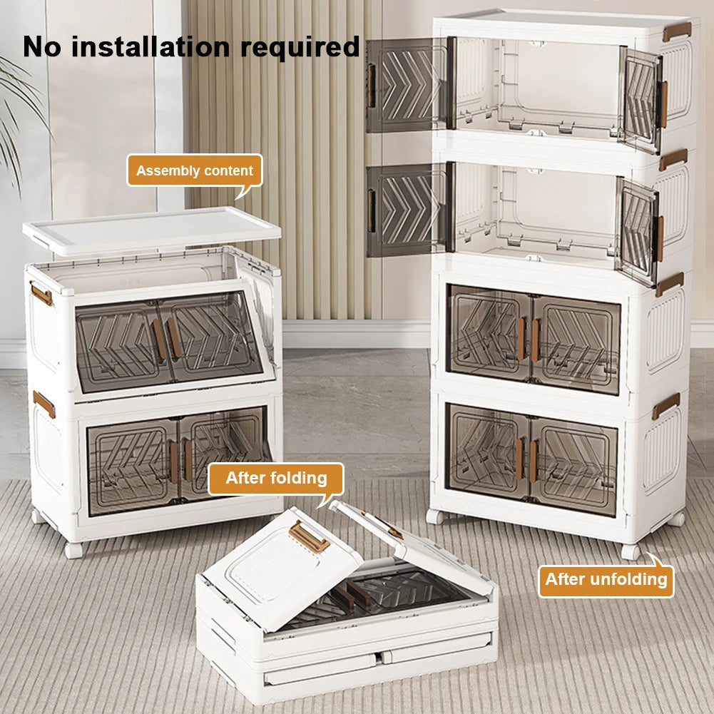 4 Tier Plastic Storage Containers with Doors & Wheels Folding Storage Boxes Folding Storage Cabinet Shelf for Home Office Dorm