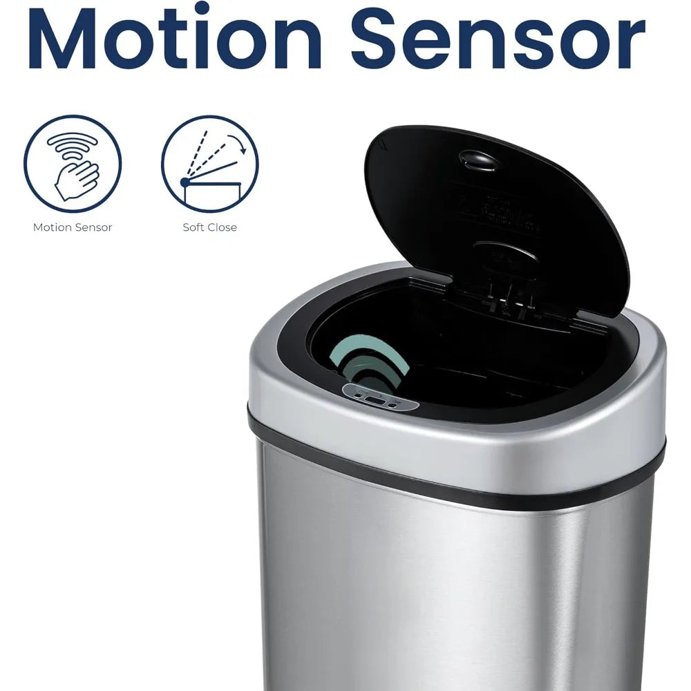 NINESTARS DZT-50-9 Automatic Touchless Infrared Motion Sensor Trash Can, 13 Gal 50L, Stainless Steel Base (Oval, Silver/Black Li