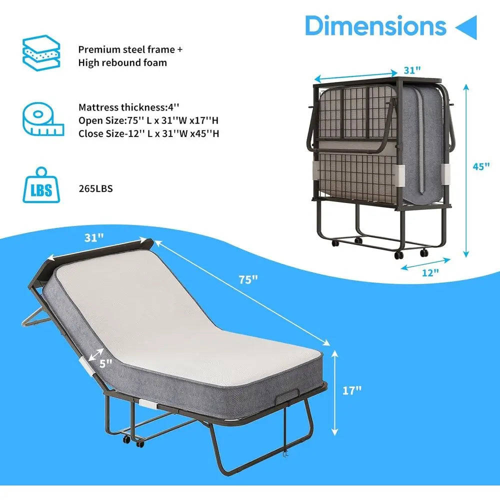 Portable 75x31 Rollaway Bed with Mattress, Headboard, and Dustproof Bag for Adults, 5 Foldable with Casters, Space-Saving Bedroo