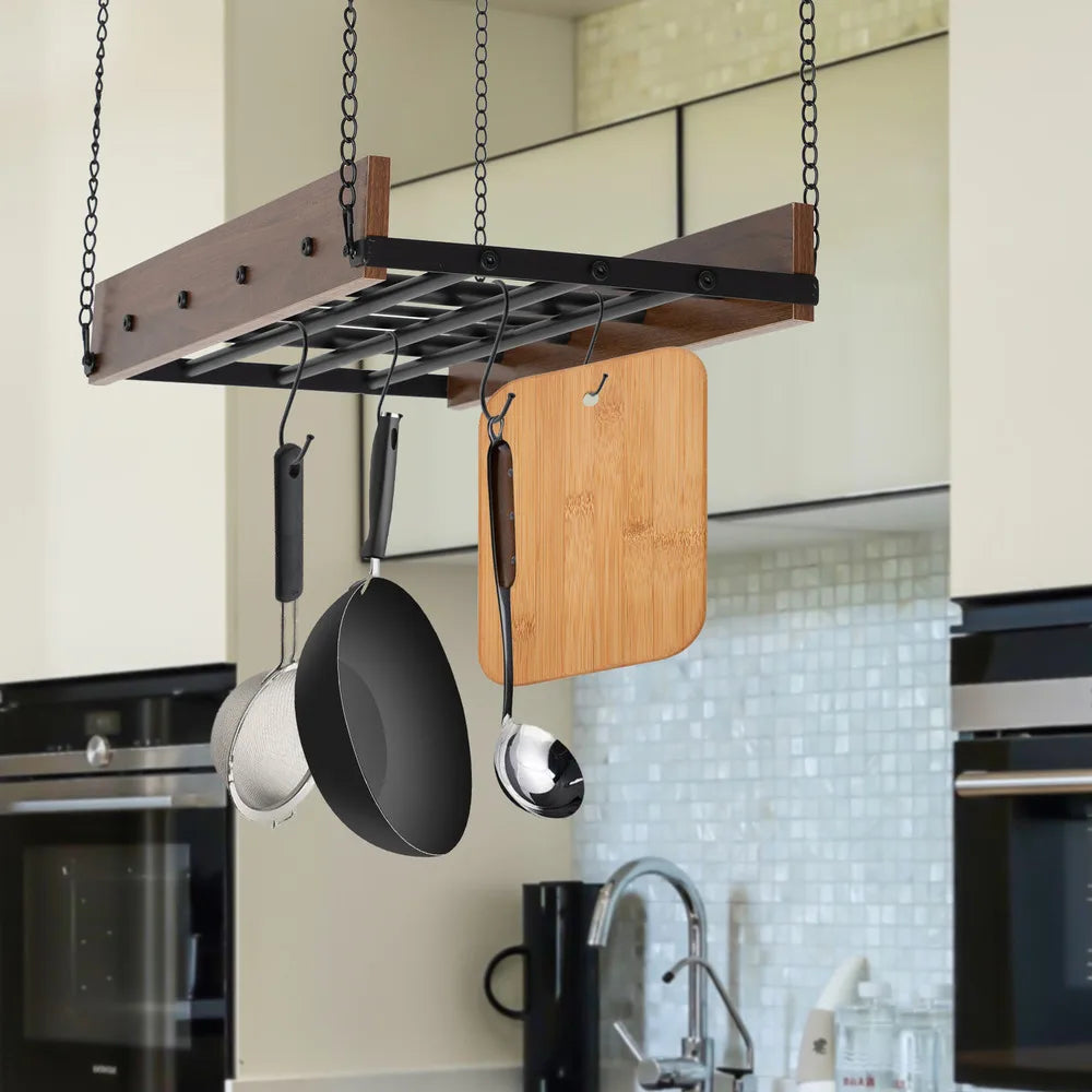 Bymaocar Kitchen Hanging Pot Pan Holder Hanger Iron Rack Ceiling Mount Cookware Organizer Storage Shelf Adjustable Spring Clips