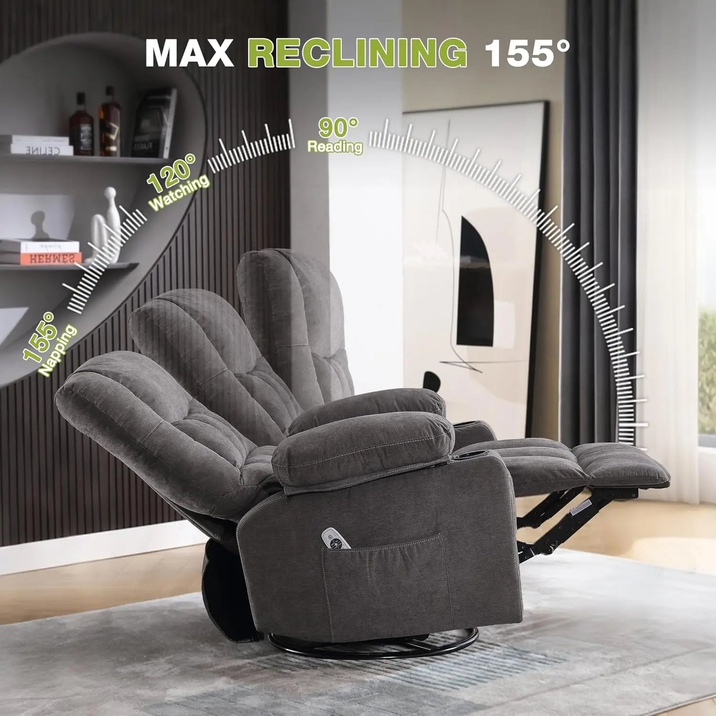 Massage Swivel Recliner Chair, Oversized Rocker Recliner with Vibration Massage and Lumbar Heat Ergonomic Rocker Chair