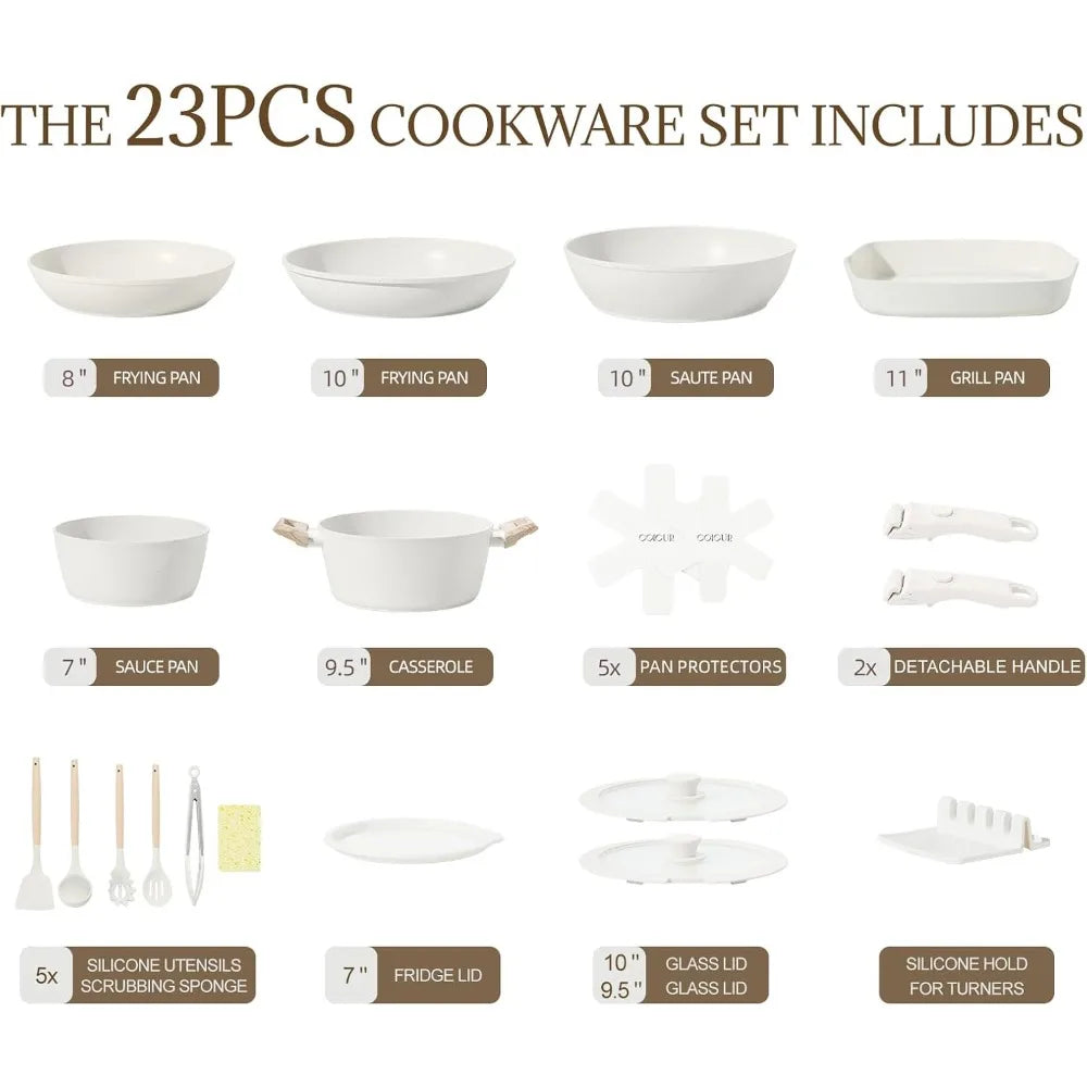 23Pcs Ceramic Cookware Set Non Stick Pots and Pans Set Non Toxic with Detachable Handle Induction Kitchen Cookware Set Space Sav