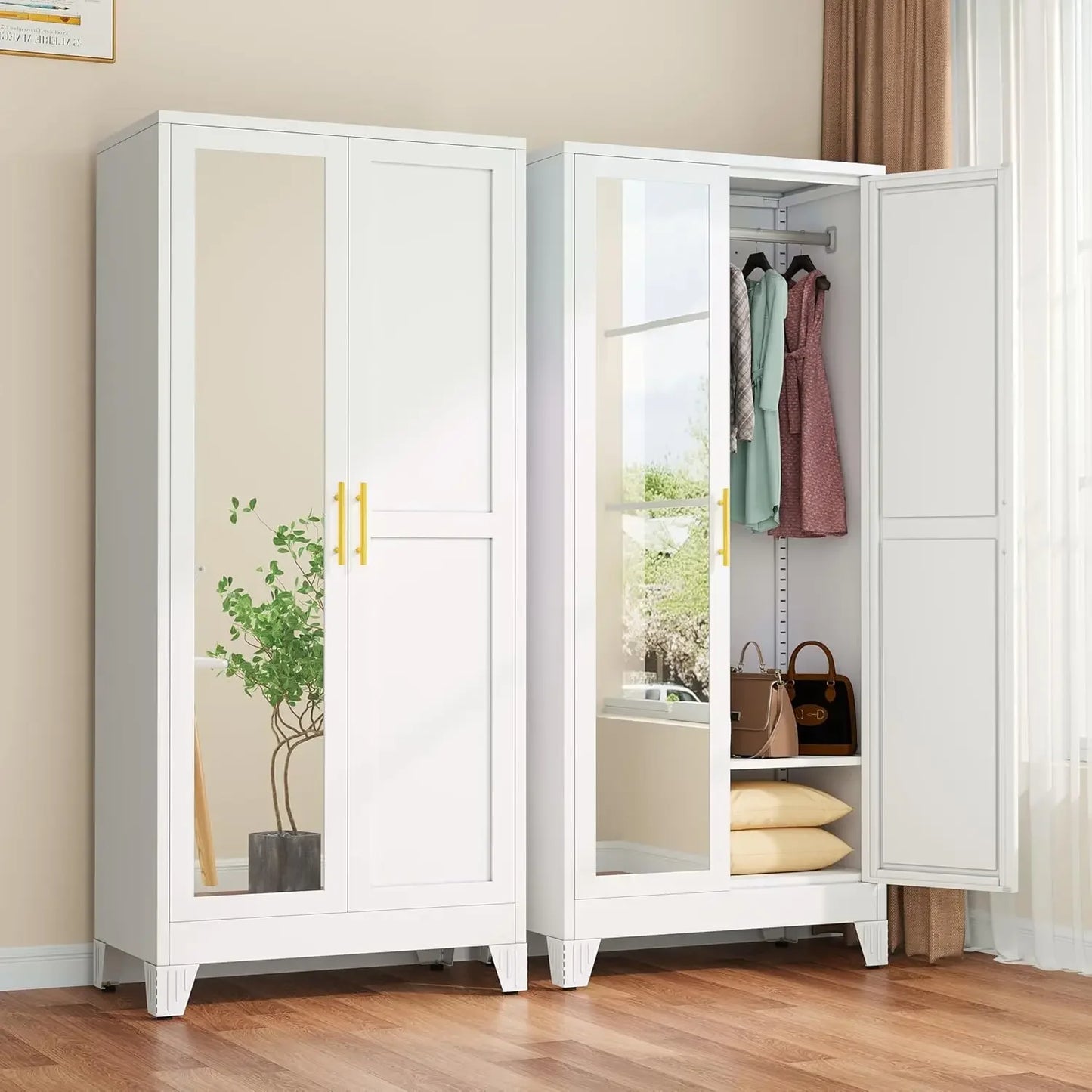 71 Inch Metal Armoire Wardrobe Closet with 2 Mirror Doors Adjustable Shelves And Hanging Wardrobe Cabinet for Bedroom Storage