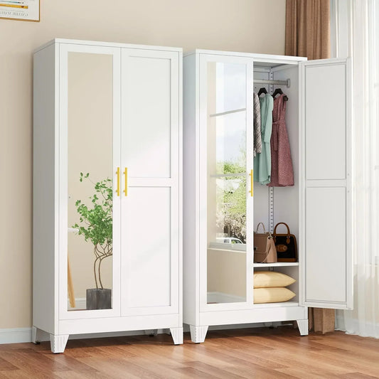 71 Inch Metal Armoire Wardrobe Closet with 2 Mirror Doors Adjustable Shelves And Hanging Wardrobe Cabinet for Bedroom Storage