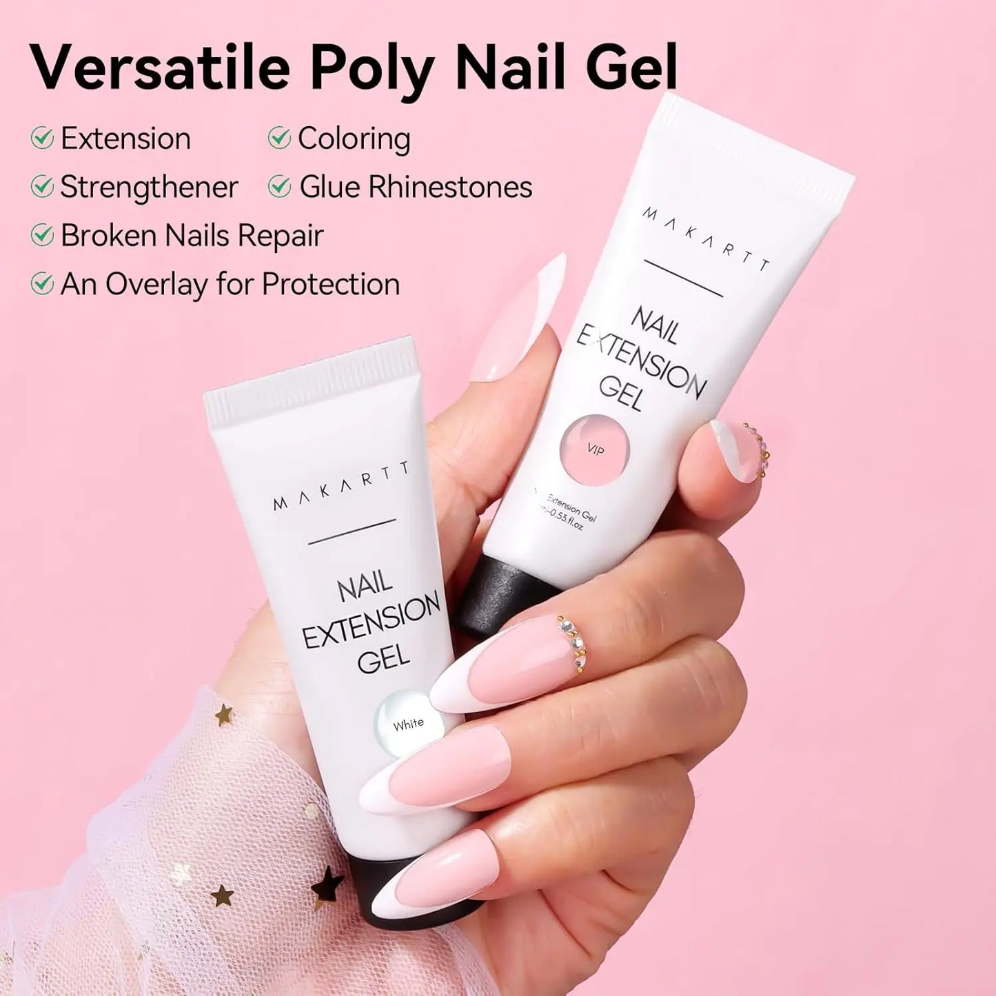 Makartt Poly Nail Gel French Manicure Kit : White Pink Hard Gel for Nail Extension 15ML, UV LED Nail Lamp, Base Top Coat