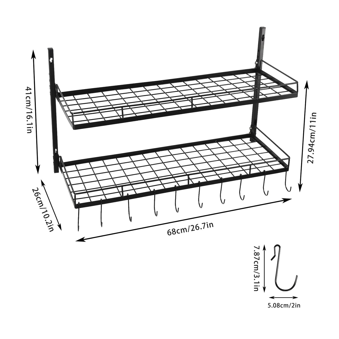Hanging Pot Rack 2 Tier Pan Rack Wall Mounted Pot Holders for Kitchen Storage Pot and Pan Organizer with 10 Hooks
