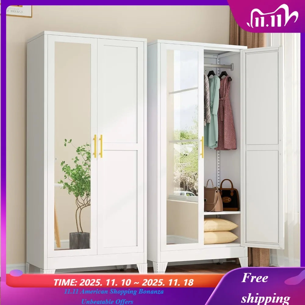 71 Inch Metal Armoire Wardrobe Closet with 2 Mirror Doors Adjustable Shelves And Hanging Wardrobe Cabinet for Bedroom Storage