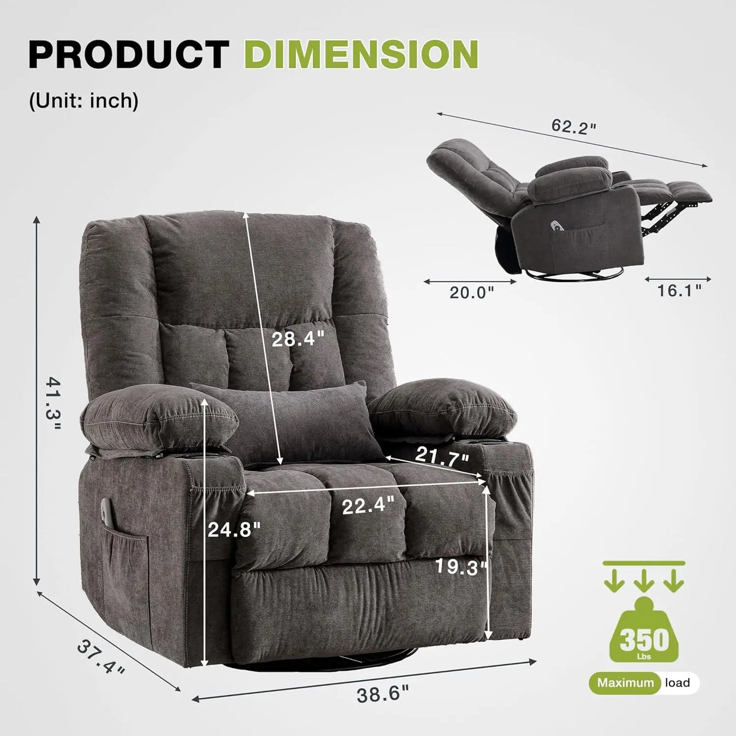 Massage Swivel Recliner Chair, Oversized Rocker Recliner with Vibration Massage and Lumbar Heat Ergonomic Rocker Chair