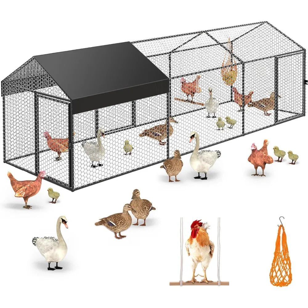 Metal Chicken Coop Run for 8-12 Chickens 118"×40"×40" Large Chicken Run for Yard with Cover，Portable Poultry Cage Hen House Outd