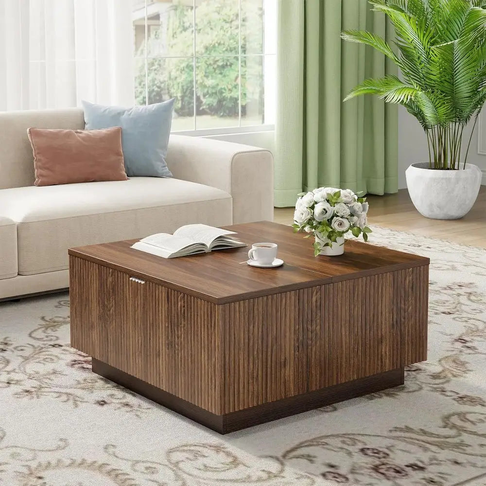 31 Modern Walnut Coffee Table with Storage, Square Living Room Furniture with Decorative Lattice Design for Compact Spaces