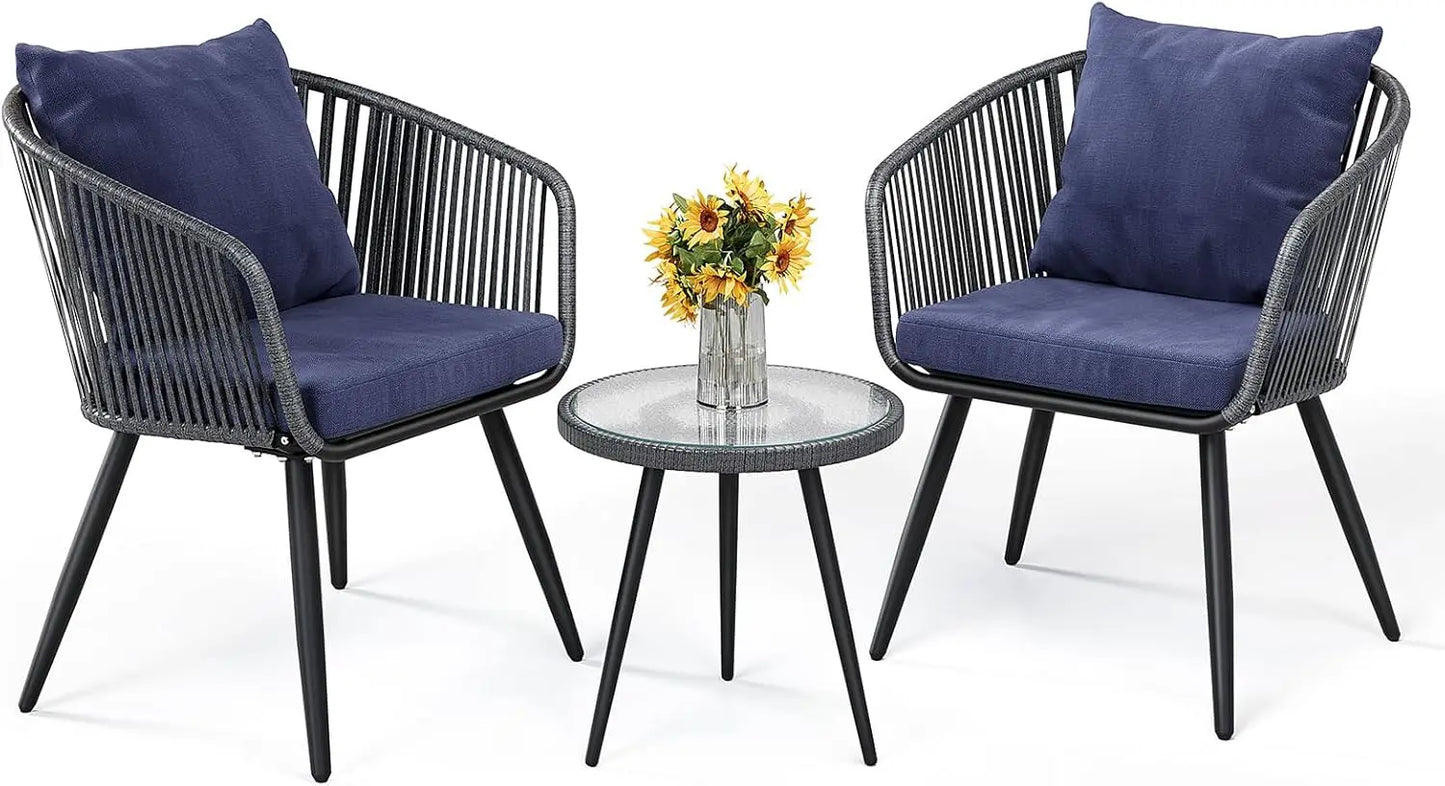 3 Piece Patio Bistro Furniture Set, 2 Patio Dining Chairs and Rattan Side Table for Porch, Backyard, Deck-Dark Blue