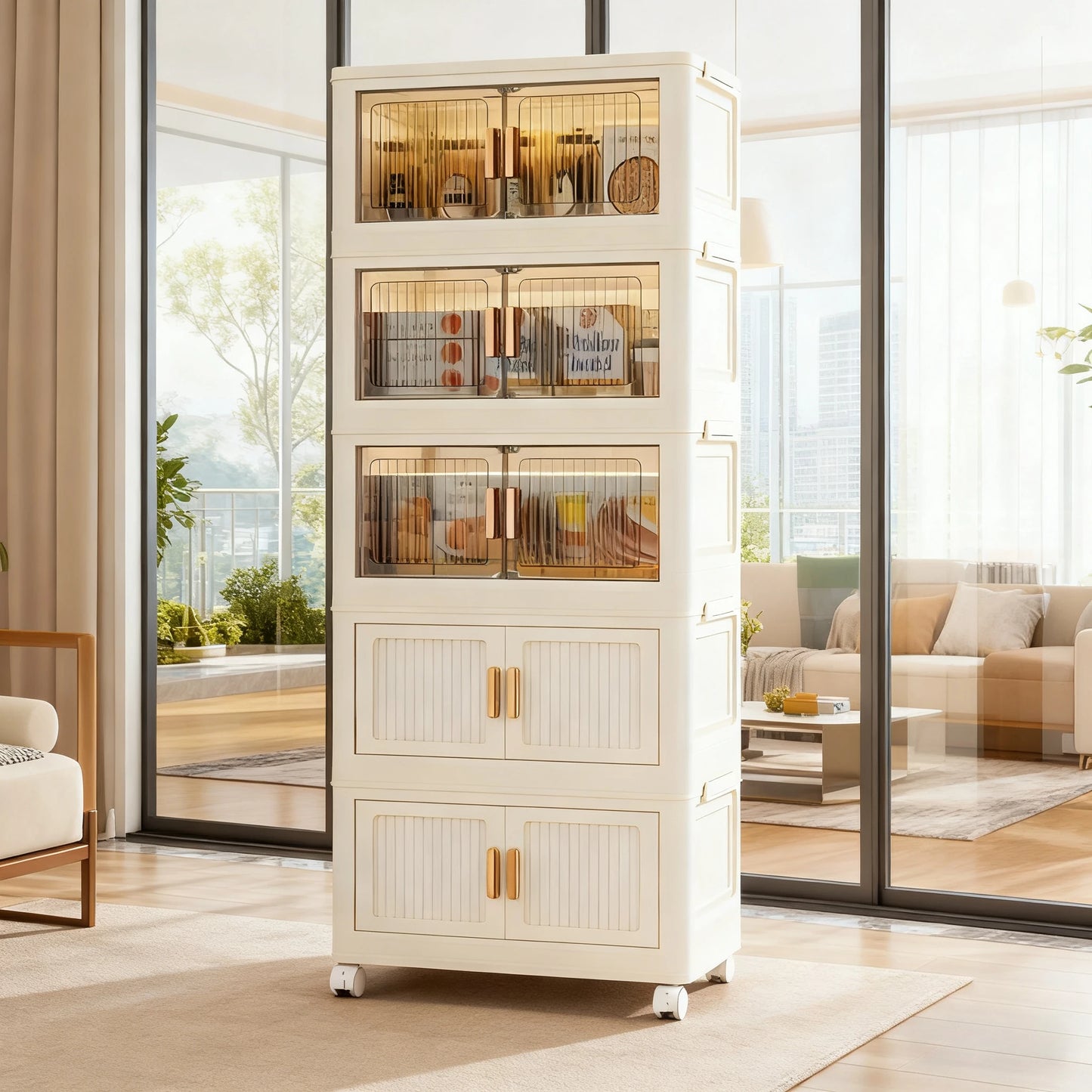 Large 5-layer Foldable Storage Organizer with Wheels – No Assembly, Ready-to-Use, Magnetic Doors, Multi-Scene, Holds Clothes