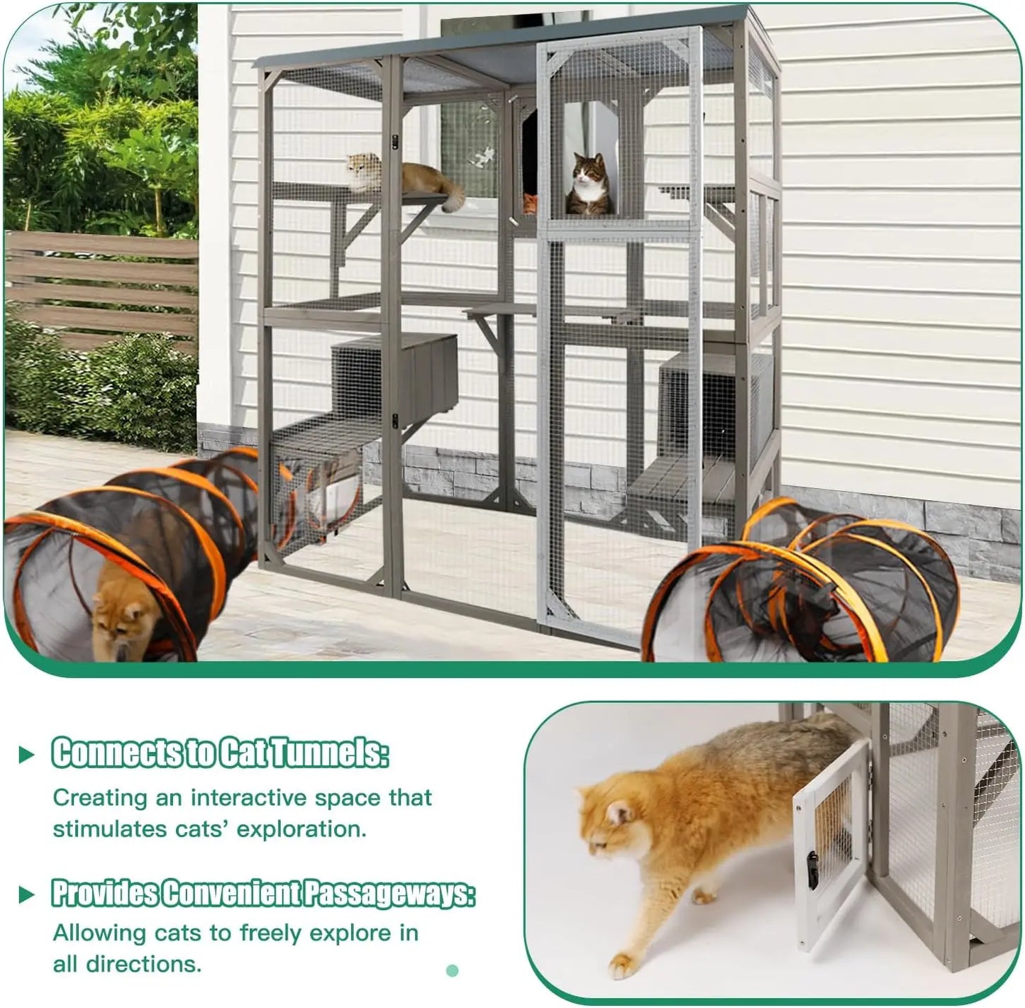Outdoor Cat Catio Enclosures Large Wooden Cat House Patio for Indoor Cats Feral Cat Shelter with 2 Espace Doors