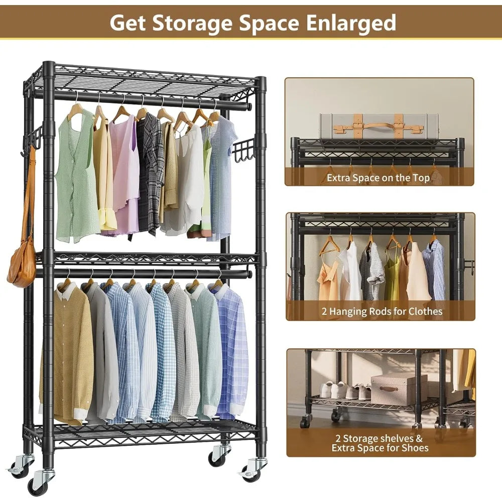 Heavy Duty Rolling Garment Rack With 3 Adjustable Shelves