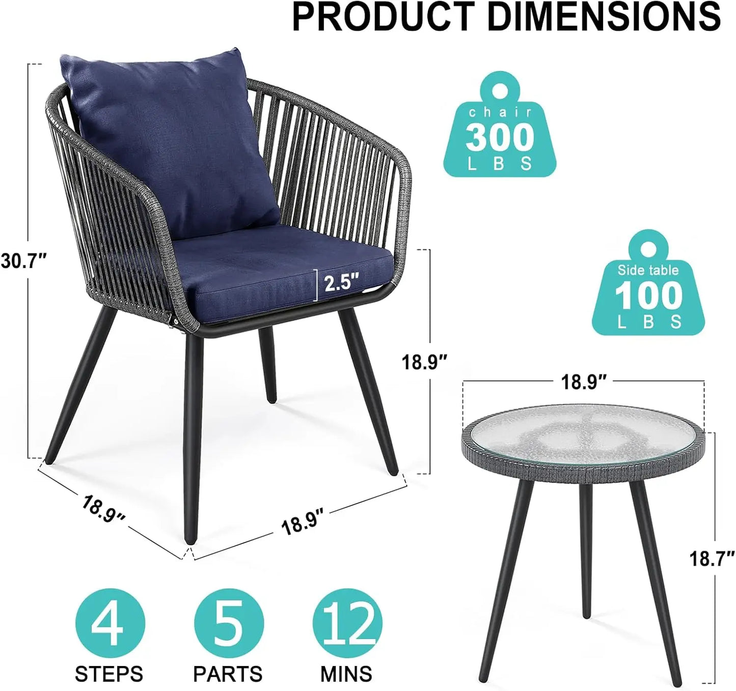 3 Piece Patio Bistro Furniture Set, 2 Patio Dining Chairs and Rattan Side Table for Porch, Backyard, Deck-Dark Blue