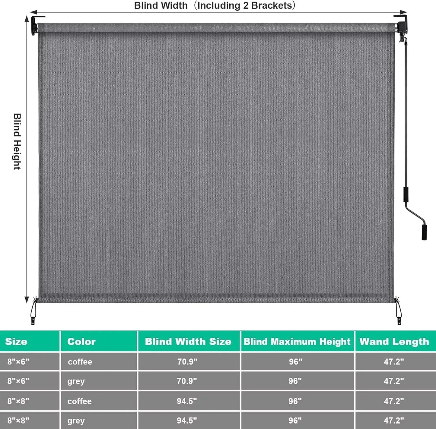 Outdoor Exterior Roller Shade, Cordless Roller Shade with 90% UV Protection, Roll Up Blinds, No Valance (240cm W x 240/180cm L)