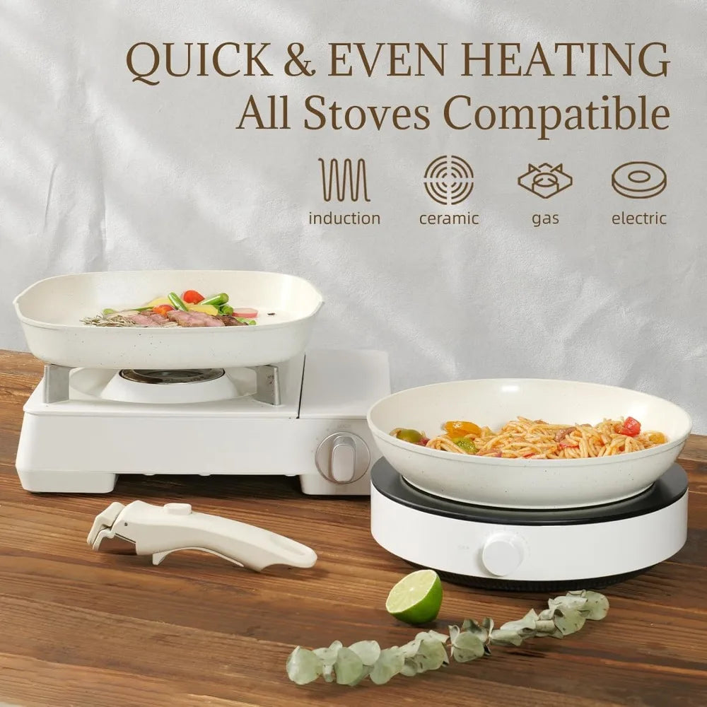 23Pcs Ceramic Cookware Set Non Stick Pots and Pans Set Non Toxic with Detachable Handle Induction Kitchen Cookware Set Space Sav