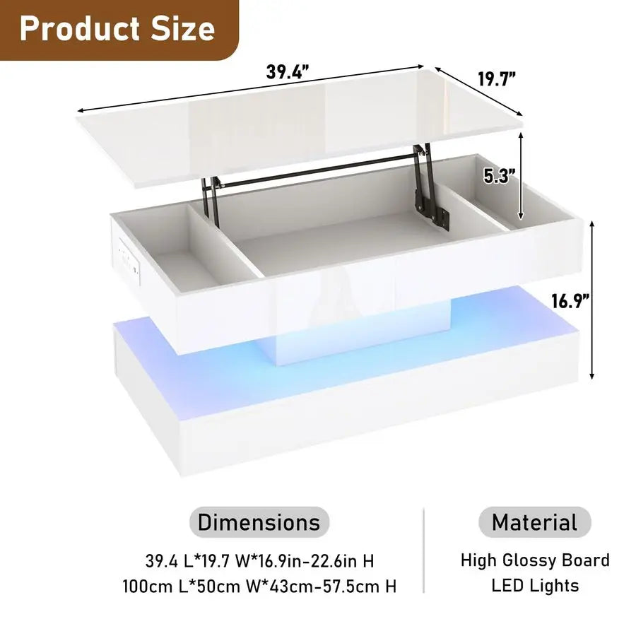 Large Lift Top Coffee Table,Modern High Glossy LED Coffee Tables for Living Room with Storage,Black Living Room Tables for Livin