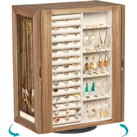 Jewelry Box for Women, Rustic Wooden Jewelry Organizer Box with 5 Drawers, Glass Doors, Vertical Open Desig