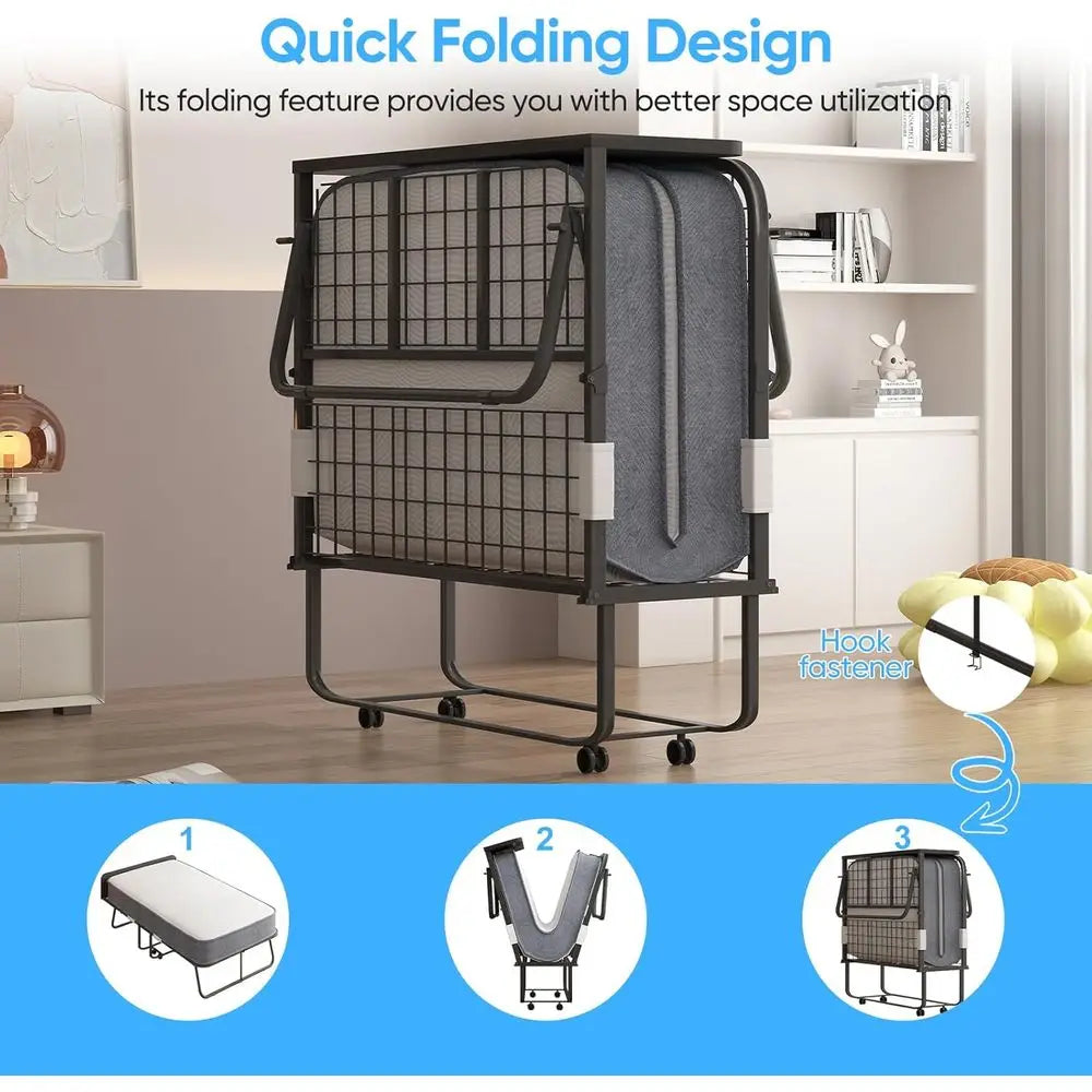 Portable 75x31 Rollaway Bed with Mattress, Headboard, and Dustproof Bag for Adults, 5 Foldable with Casters, Space-Saving Bedroo