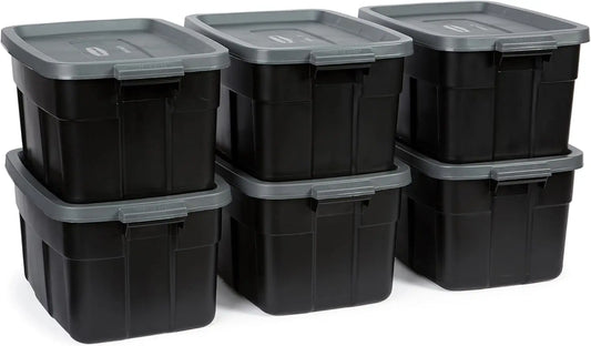 Heavy Duty Black Storage Bins Plastic Totes with Lids for Storage, Stackable, Large Capacity, Durable, Multipurpose14 GAL 6 Pack