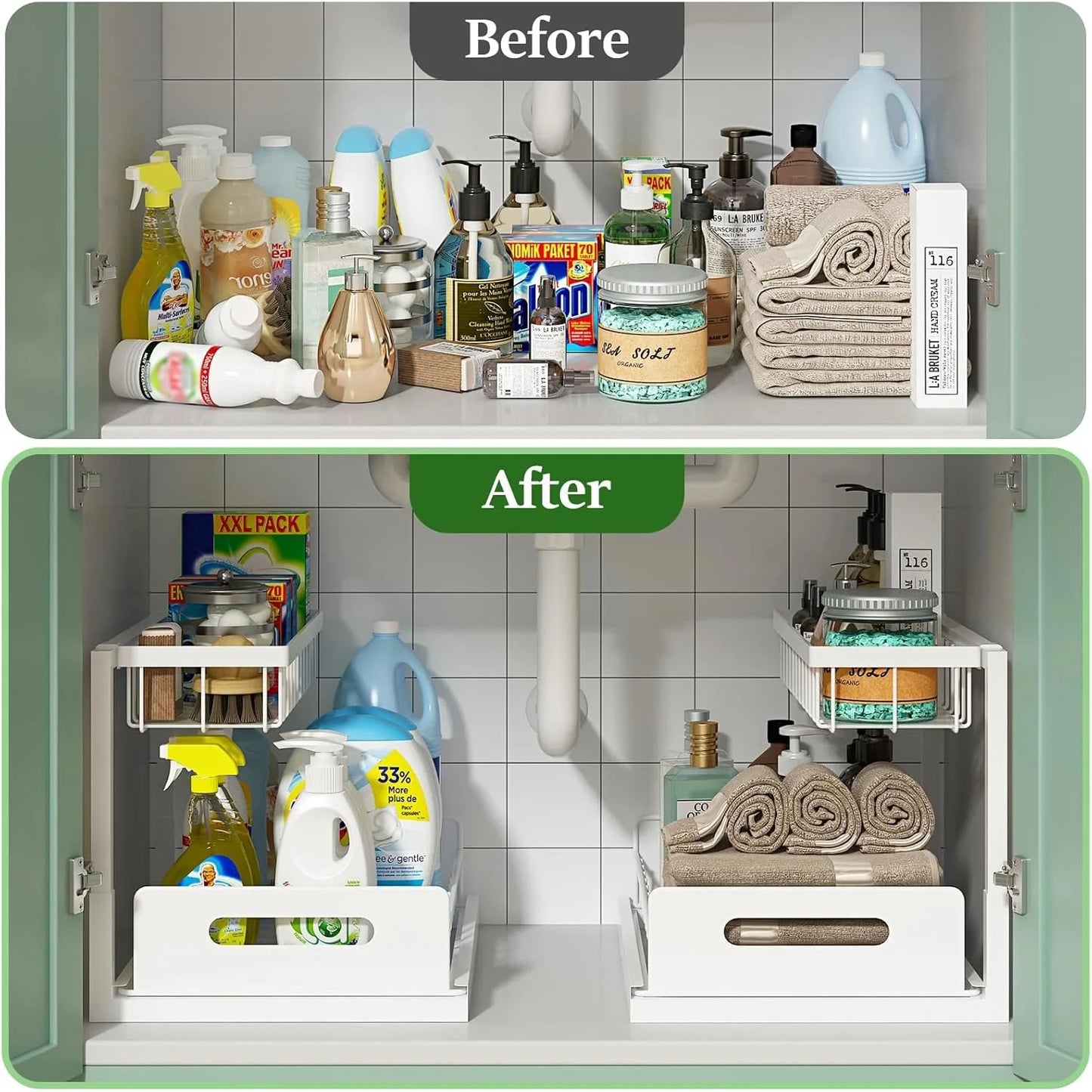 Under Sink Organizer, Pull Out Cabinet Organizer 2 Tier Slide Out Sink Shelf Cabinet Storage Shelves, Storage for Kitchen