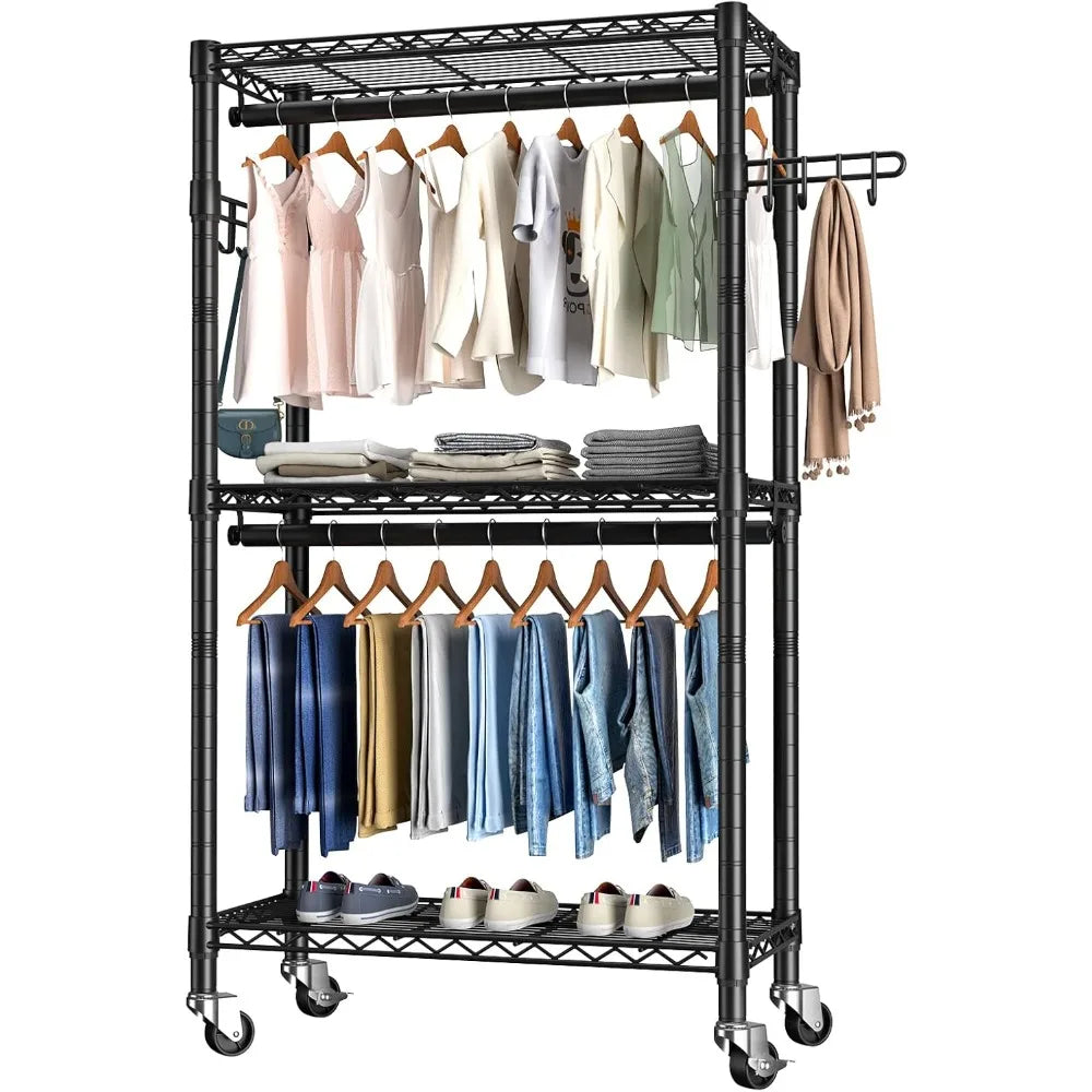 Heavy Duty Rolling Garment Rack With 3 Adjustable Shelves