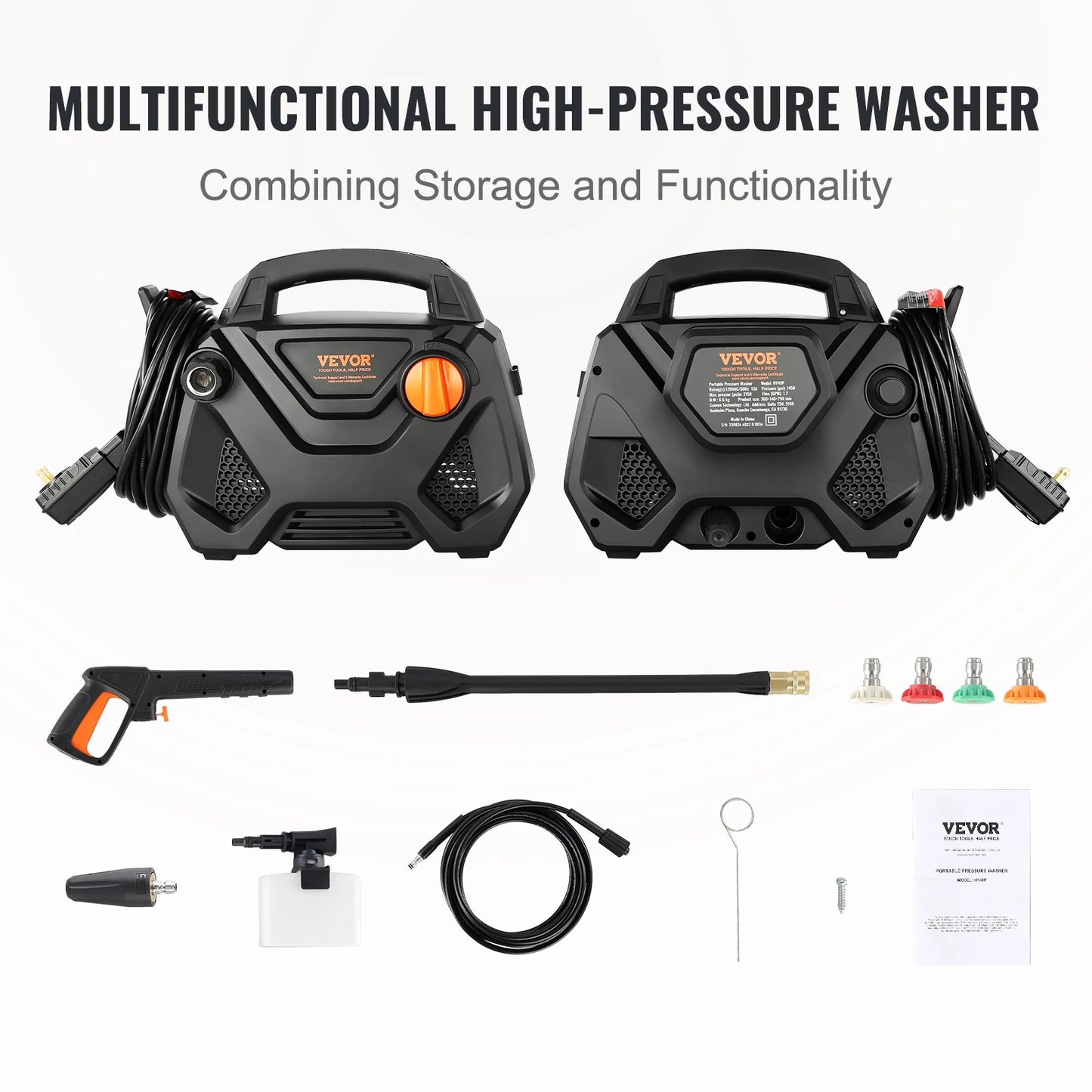 SucceBuy Electric Pressure Washer 2150-PSI 1.85-GPM Foam Cannon High-Pressure with 5 Different Nozzle 20ft Hose/35ft Cord Washer