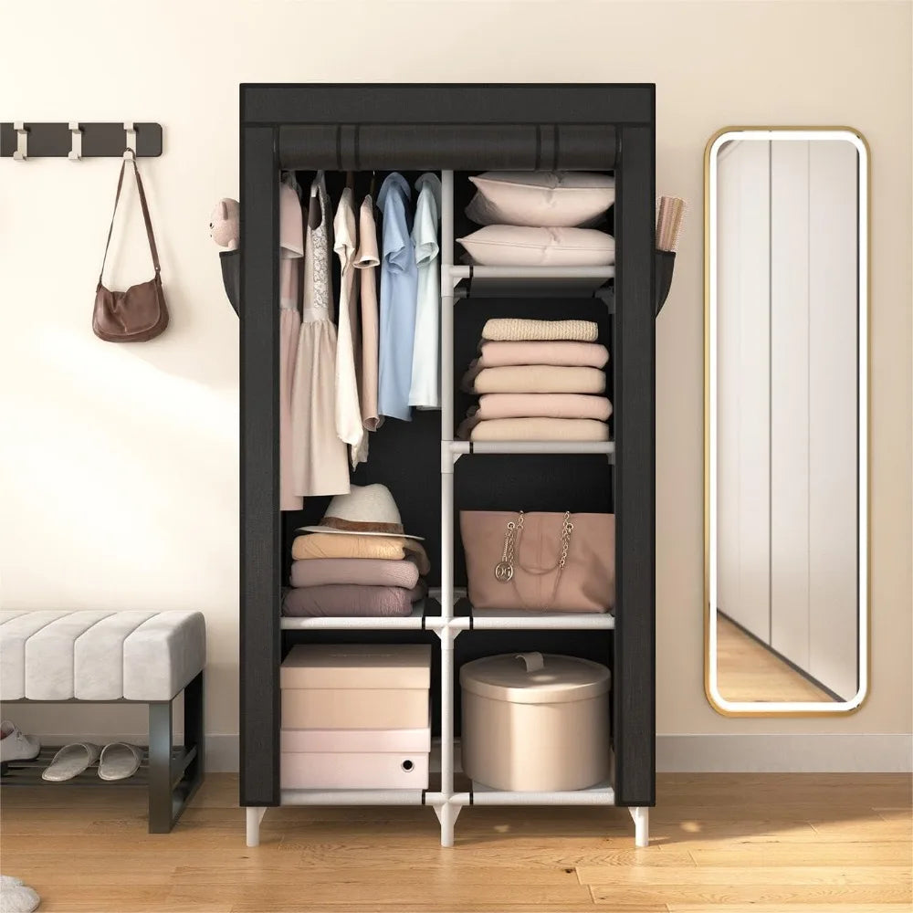 Portable Closet Wardrobe With 6 Shelves And Hanging Rod
