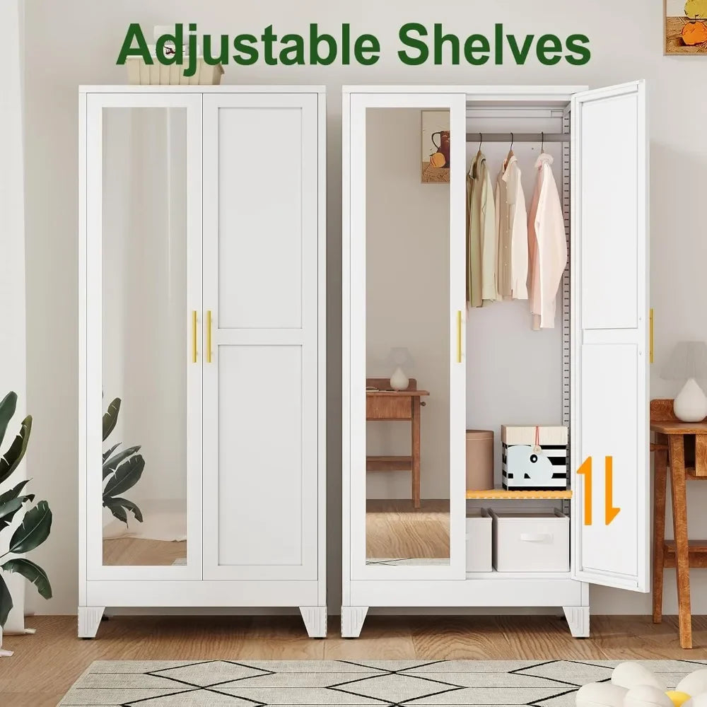 71 Inch Metal Armoire Wardrobe Closet with 2 Mirror Doors Adjustable Shelves And Hanging Wardrobe Cabinet for Bedroom Storage