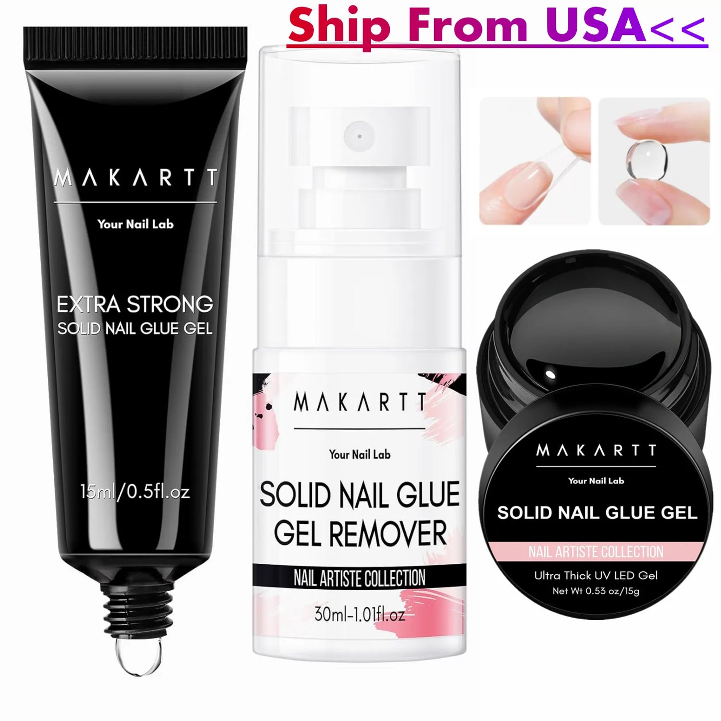 Makartt Solid Nail Glue with Glue Remover Kit: Super Strong Nail Glue Gel for Press on Nails and Nail Tips Supplies UV LED Cured
