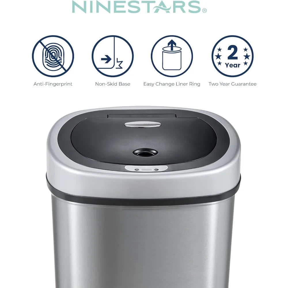 NINESTARS DZT-50-9 Automatic Touchless Infrared Motion Sensor Trash Can, 13 Gal 50L, Stainless Steel Base (Oval, Silver/Black Li