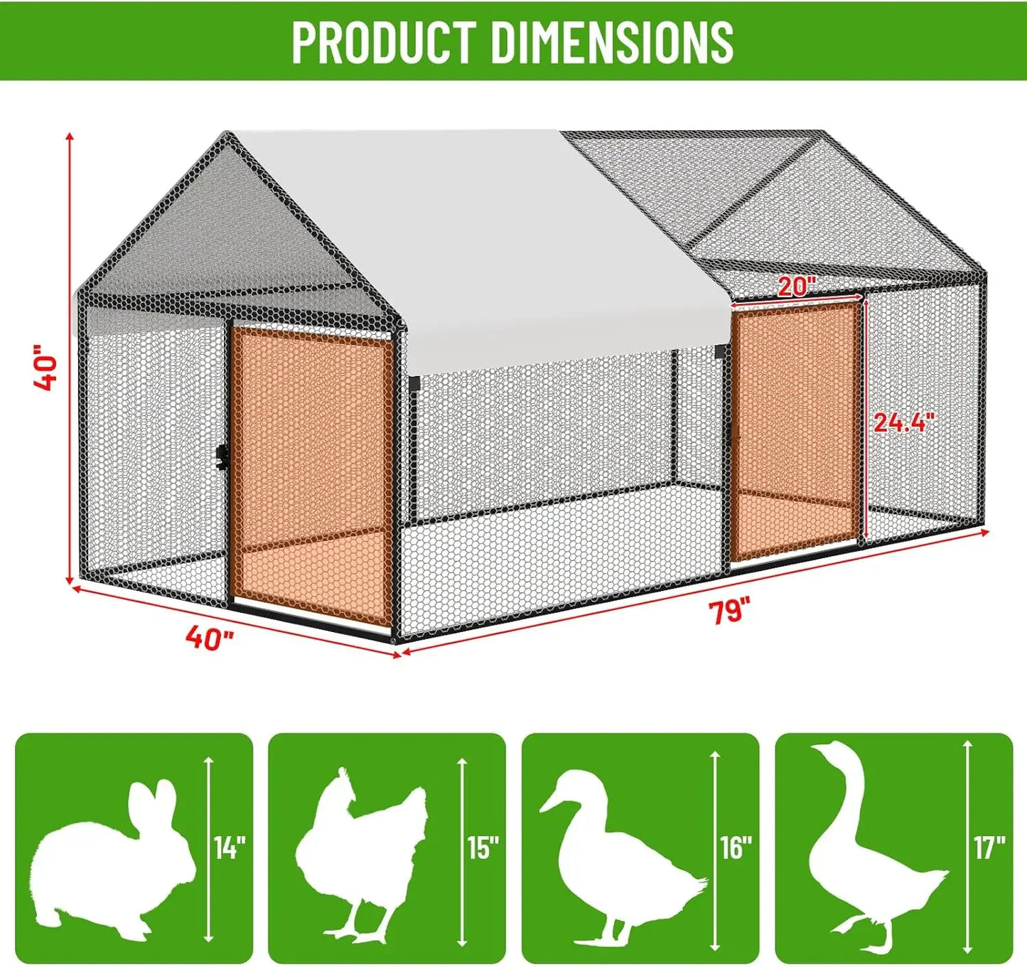 Metal Chicken Coop 79"×40"×40" Chicken Run with Waterproof Cover Portable Poultry Cage Walk in Hen House Outdoor Backyard Farm