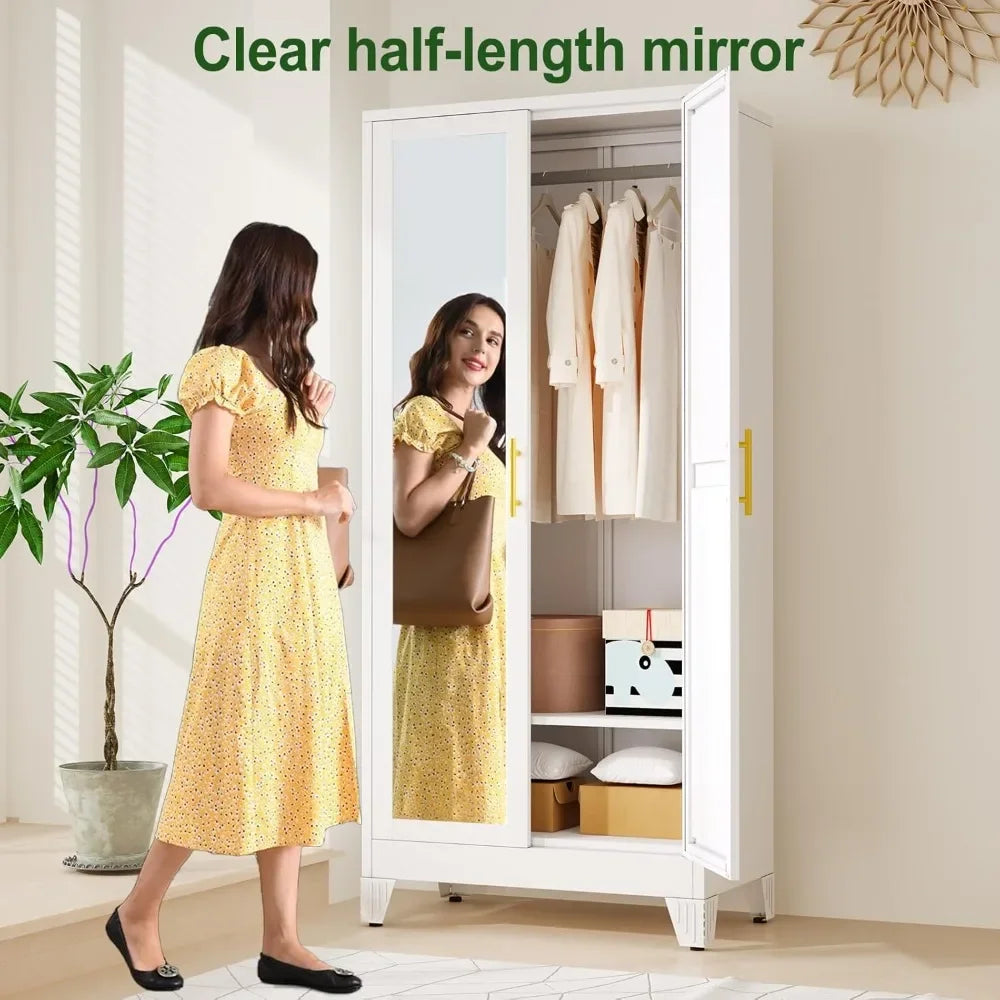 71 Inch Metal Armoire Wardrobe Closet with 2 Mirror Doors Adjustable Shelves And Hanging Wardrobe Cabinet for Bedroom Storage