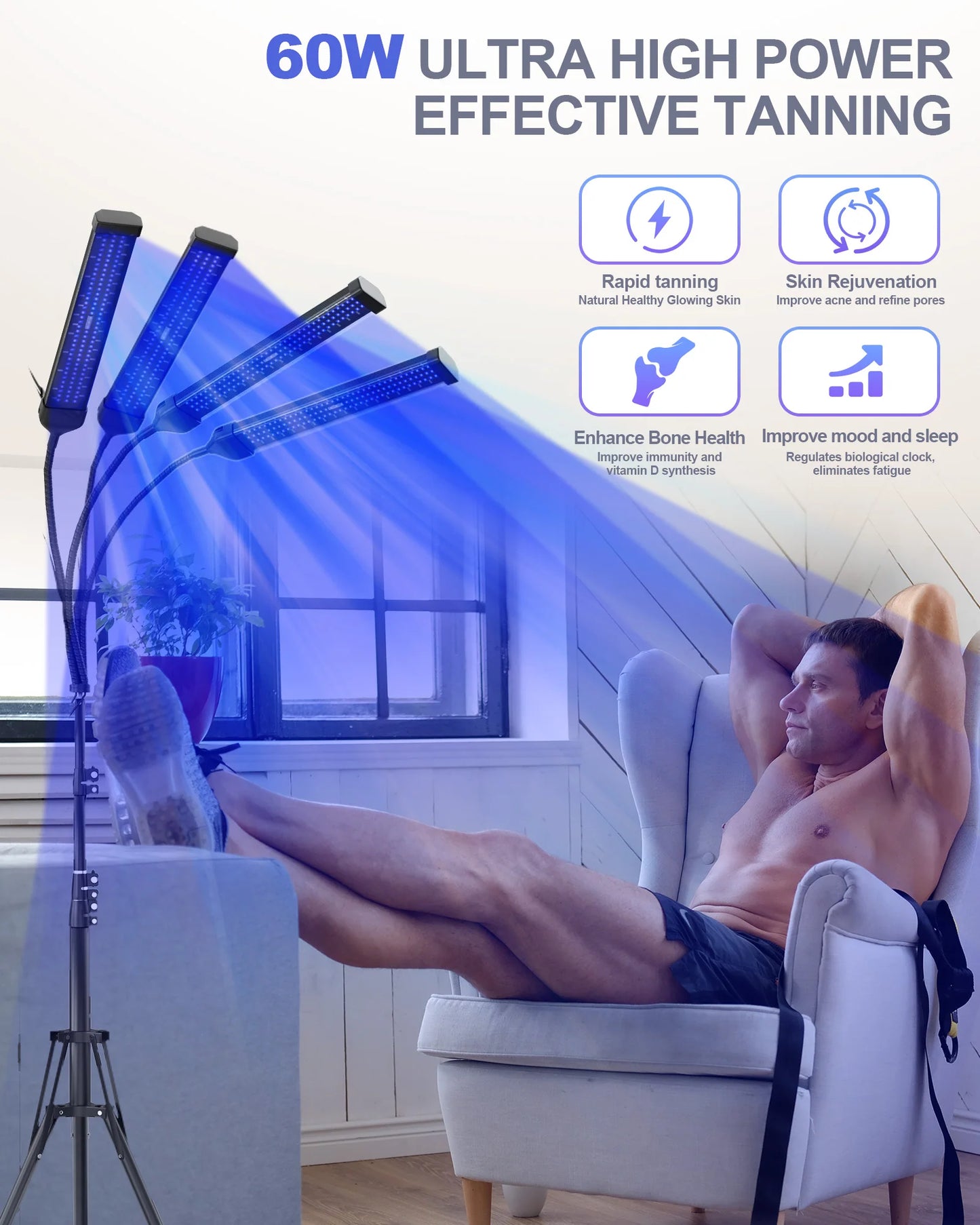 360° Rotation Tanning Lamp 60W 4-Head 432 LEDS Blue Light Solarium Lamp for Tanning Body Wavelength 460nm & 490nm Beauty-Health