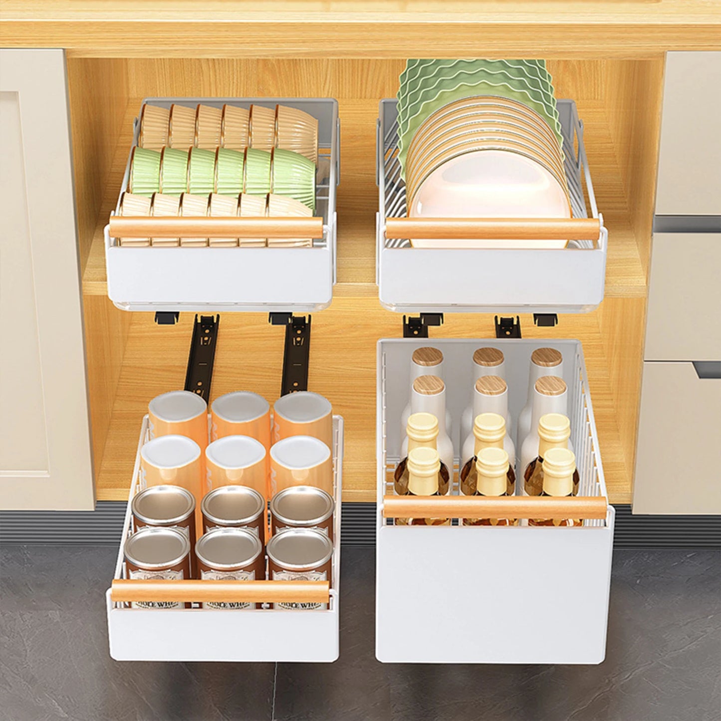Pull out Cabinet Organizer Slide out Pantry Shelf Drawer Storage Sliding Mesh Cabinet Basket for Pantry Cabinet Kitchen Bathroom