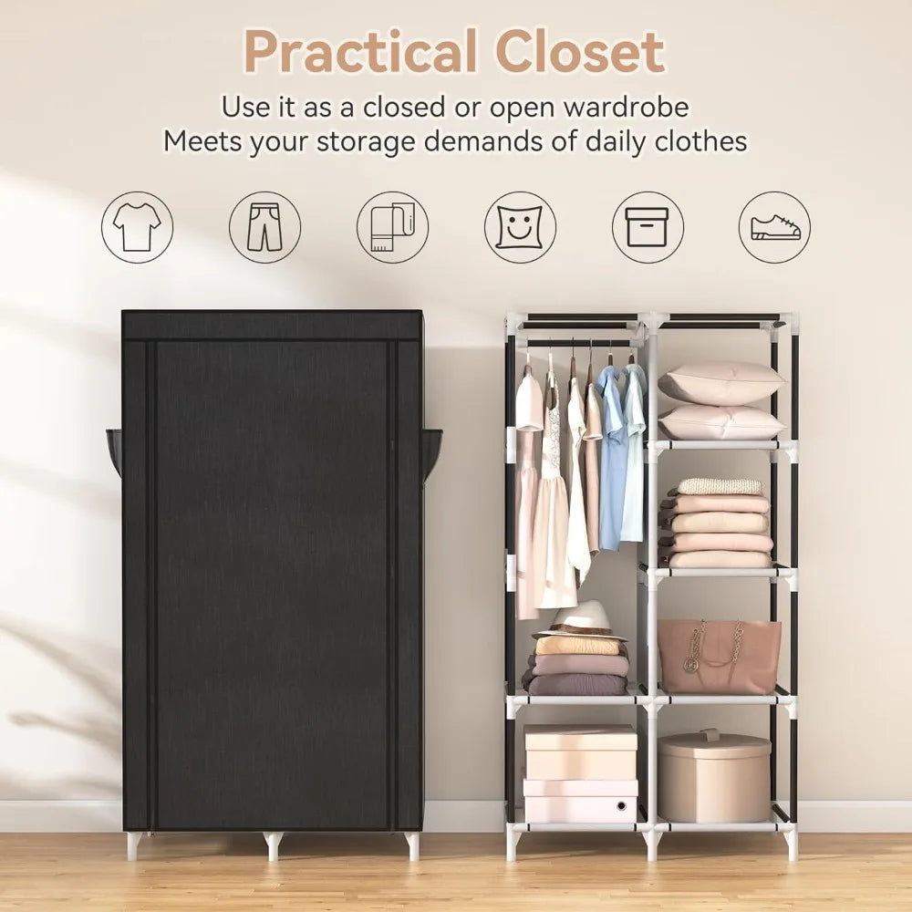 Portable Closet Wardrobe With 6 Shelves And Hanging Rod