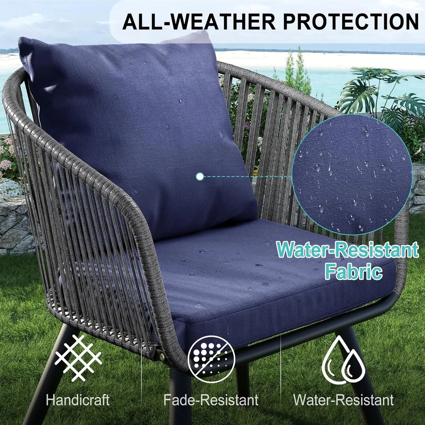 3 Piece Patio Bistro Furniture Set, 2 Patio Dining Chairs and Rattan Side Table for Porch, Backyard, Deck-Dark Blue