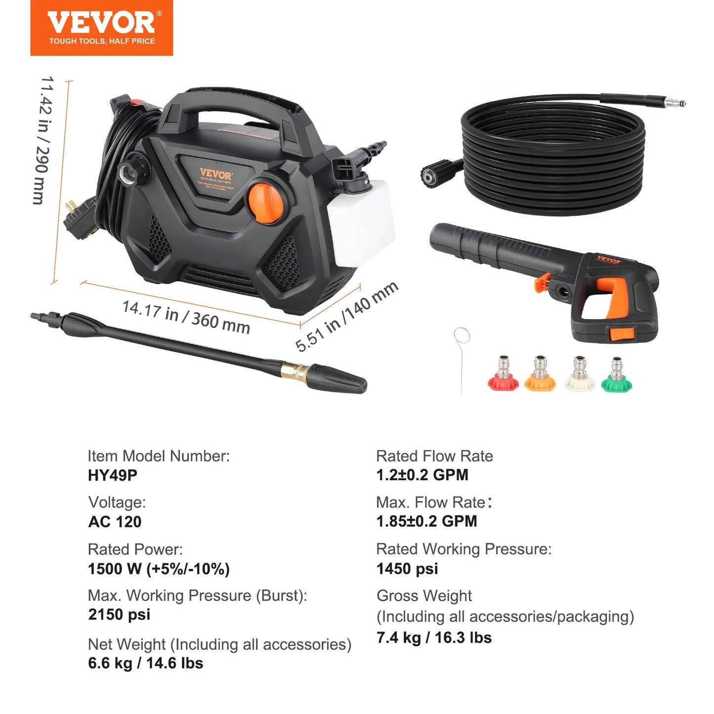 SucceBuy Electric Pressure Washer 2150-PSI 1.85-GPM Foam Cannon High-Pressure with 5 Different Nozzle 20ft Hose/35ft Cord Washer