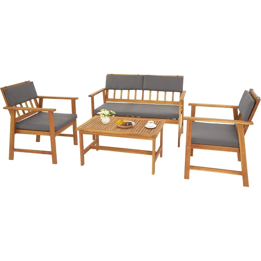Outdoor Patio Furniture, 4 Piece Acacia Wood Sofa Set w/Coffee Table, Patio Table and Chairs Set for Deck, Balcony