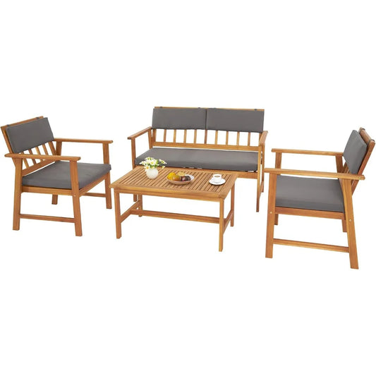 Outdoor Patio Furniture, 4 Piece Acacia Wood Sofa Set w/Coffee Table, Patio Table and Chairs Set for Deck, Balcony